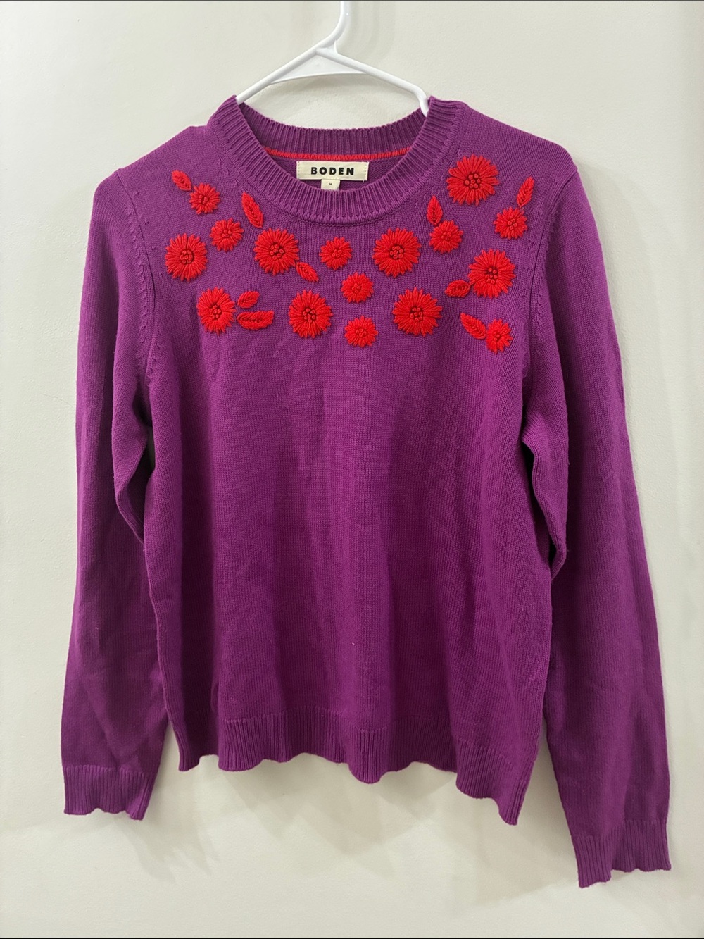 Boden Purple Crewneck Sweater with Red Floral Embroidery - women’s medium